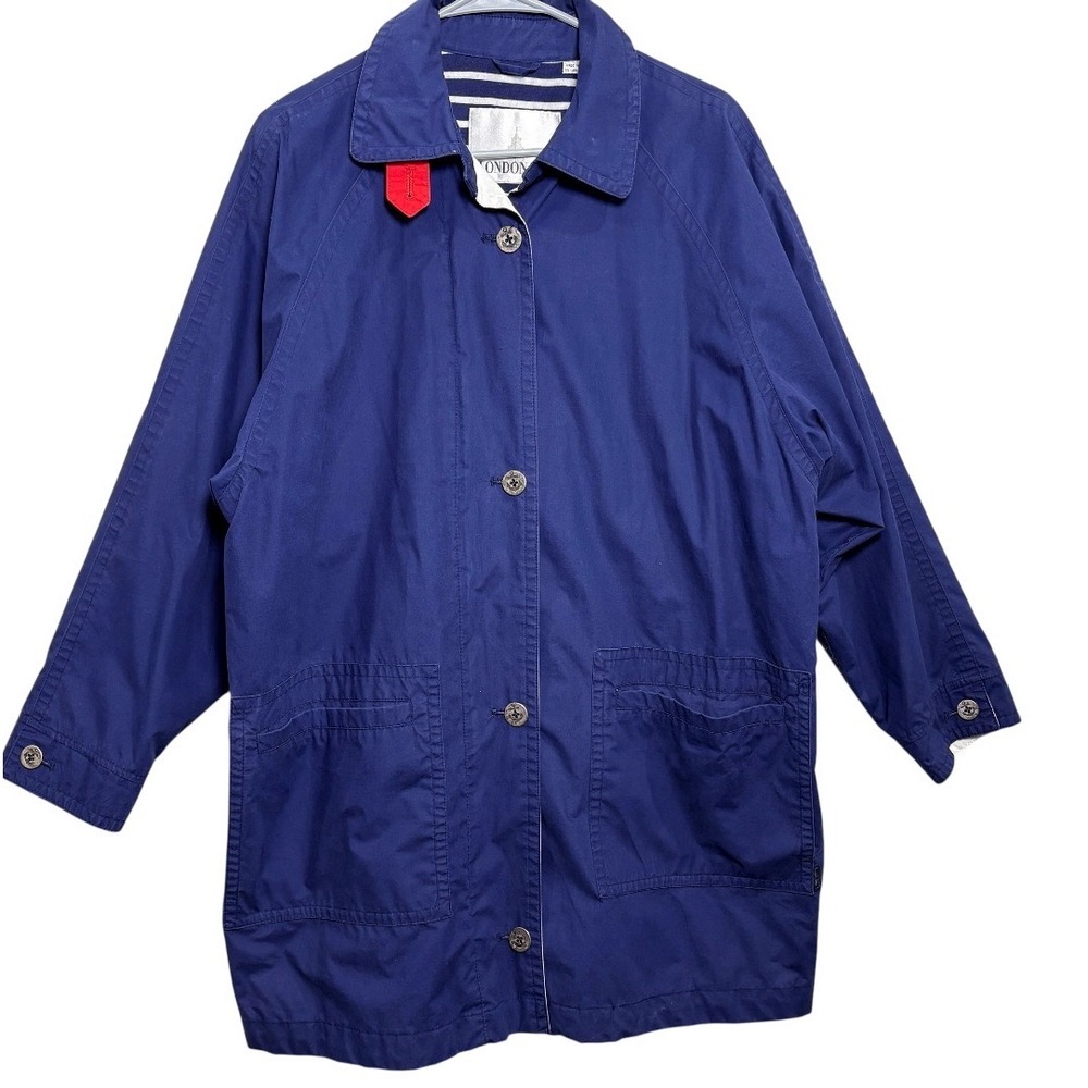 London Fog Jacket Women Medium Blue Good Nautical Striped Lining Button Front